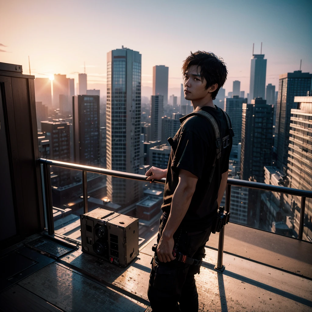 OVERHEAD VIEW, ultra realist, A JAPANESE cameraman ON TOP OF A BUILDING, 25 YEARS OLD, short hair , OBSERVATION POSE, SUN RISE, LOOKING AT THE POST-APOCALYPSE RUINED AND DESTROYED TOKYO CITY,HOSTILE ENVIRONMENT, IMPACTFUL VISUAL DESTRUCTION, STYLE THE LAST OF US, outdoor PHOTO, CINEMATIC LIGHTING, PHOTOREALISTIC DETAILS, DYNAMIC SHADOWS ,ATMOSPHERIC EFFECTS, LIFELIKE TEXTURES, HIGH-DEFINITION, IMMERSIVE ENVIRONMENT, SUBTLE COLOR GRADING, AUTHENTIC ATMOSPHERE, DETAILED TEXTURES, FANTASY, UNREAL ENGINE 5, ray tracing, award winning photo, MASTERPIECE photograpy, trending on artstation, HDR, UHD, 4K, BY NAUGHTY DOG.