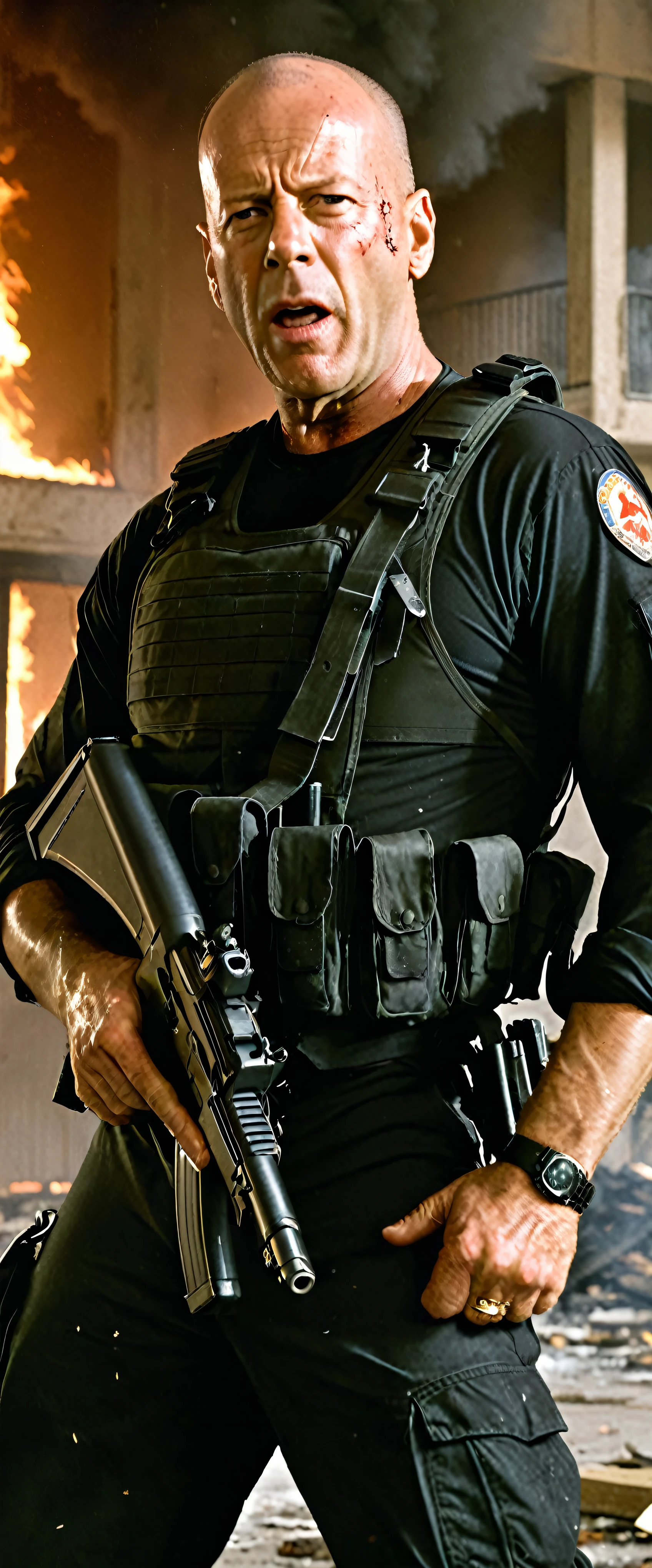 with high definition images，A scene from a movie，Image of Bruce Willis in Die Hard、Black combat uniform，an extremely angry、Gunfight in a burning building，M－17カービン銃を構えてwith high definition images，Facial details，In the background, wallpaper is burning and broken objects are scattered everywhere.