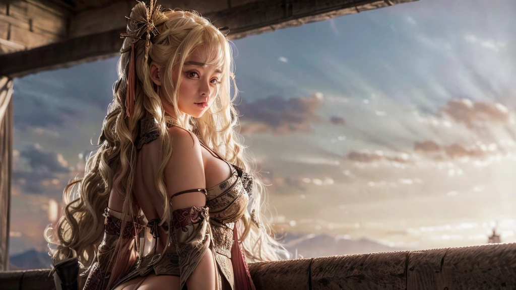 GEISHA- SEXY- LIFTED KIMONO- UPPER BODY- THICK THIGHS- TEMPLE- MEDIEVAL- SWORDS- WARRIOR- SEXY FACE- DETAILED HD- LOW FRAME - BEAUTIFUL- garter belt- DETAILED CORCELET- REAR- LOW ANGLE- SUNSET IN BACKGROUND
