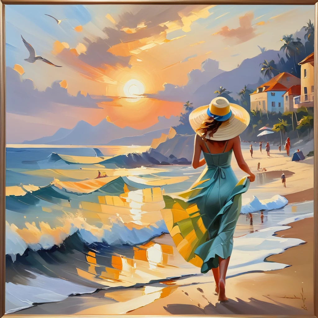 High quality, high resolution, best composition, one beautiful woman,painting of a woman in a dress and hat walking on the beach, beautiful painting, with straw hat, a beautiful painting, beautiful artwork, beautiful oil painting, painting of beautiful, sundress, girl on the beach, in style of steve henderson, gorgeous painting, stunning painting, dmitry spiros, beautiful oil painting on canvas, detailed 4 k oil painting, at the sea