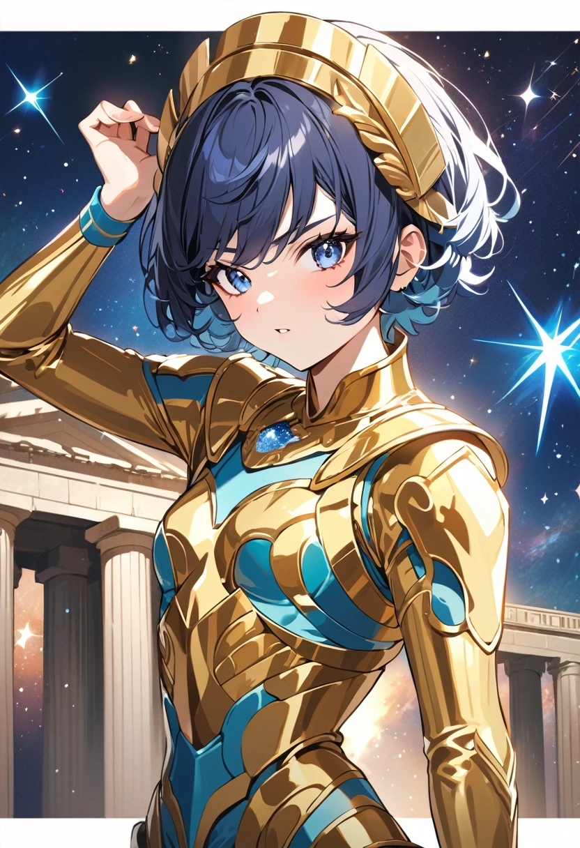 (masterpiece, best quality), (ultra highres, ultra-detailed),pop-art style,A girl wearing golden armor,(helm and Armor with a design symbolizing the constellation Ophiuchus),Gold Saint, Saint Seiya, BREAK Galaxy and greek temple background,(glitter:1.3), BREAK boy pose,(girl,16yo,detailed face,(darkblue-hair,wavy-short hair),eyebrows,,middle small breasts),fullbody,