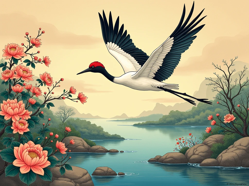 Close-up of a bird flying over a river with flowers, Ultra-fine paintings inspired by Utagawa Hiroshige II, Shutterstock Contest Winner, Ukiyo-e, In the Ukiyo-e art style, Chinoiserie pattern, A red-crowned crane bird in the center, japanese woodblock print style, Oriental wallpapers, ukiyoe style