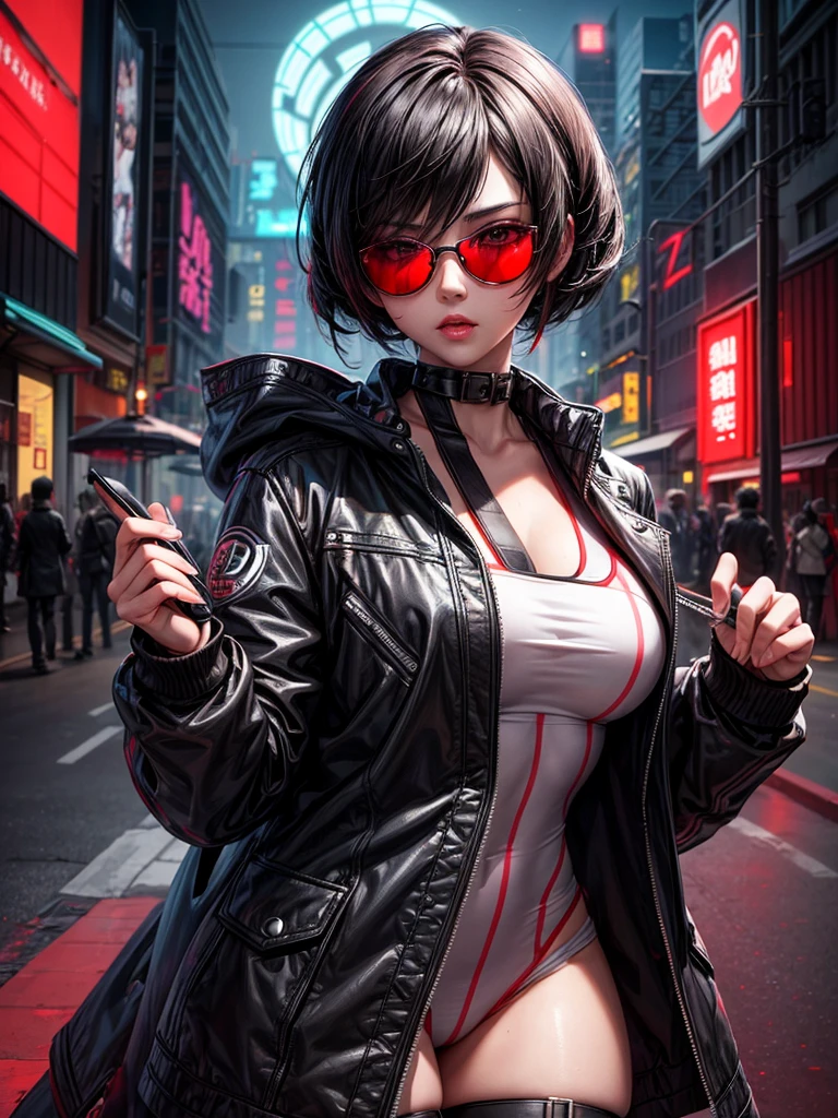 score_9, score_8_up, score_7_up, 1girl, solo, long eyelashes, ada wong, black hair, sunglasses, asian female,g0thicPXL,sinozick style,flat color, dark theme, glowing, neon