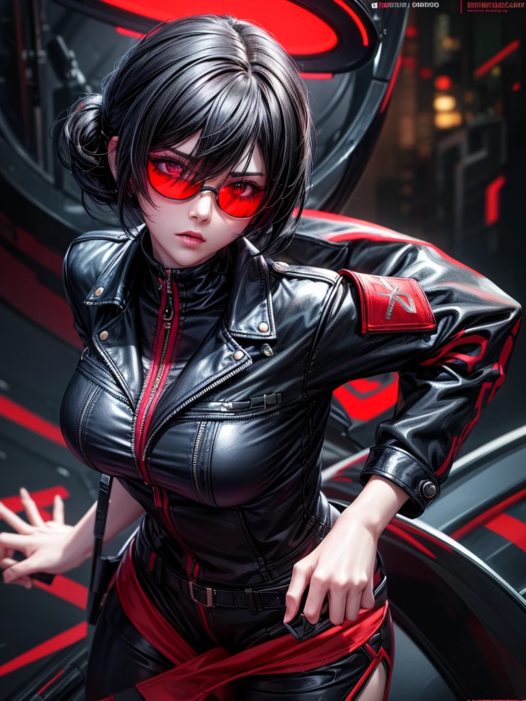 score_9, score_8_up, score_7_up, 1girl, solo, long eyelashes, ada wong, black hair, sunglasses, asian female,g0thicPXL,sinozick style,flat color, dark theme, glowing, neon