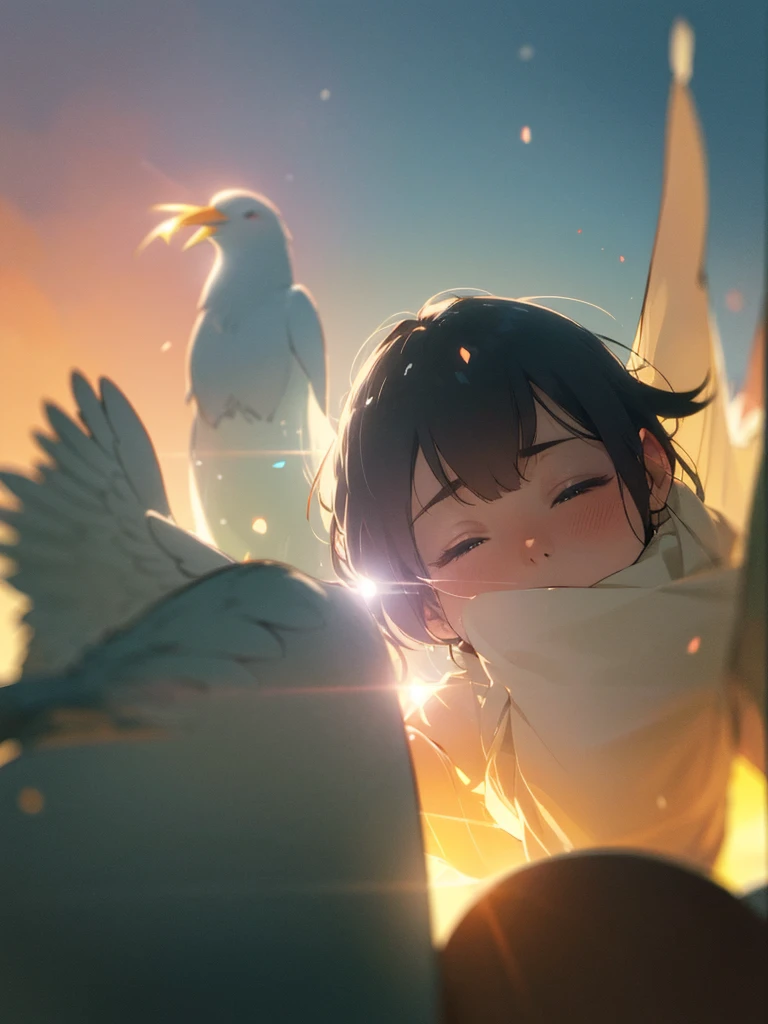 (Sumilux f1.4 50mm , low Latitude old color negative film , cross process , bokeh, flare, chromatic aberration , soft focus, (Shallow focus) , soft glow , Maximum aperture, high Key , Transparent depiction) , artistic photo , looking away , Birds cannot be trained to defecate