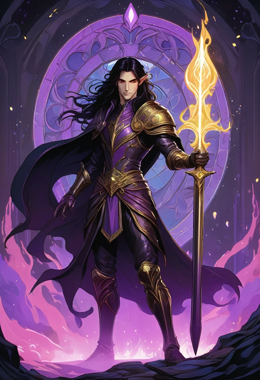 Mystical border, tall handsome slender man with long black hair, he has very small brown devil horns, his skin is light red, he has golden eyes, he is a dark mysterious warrior, he is holding a glowing purple sword, he is smiling while holding magical energy in his other hand, background of darkness and eldritch fires, good anatomy, dynamic pose, good proportions, modern style, vector, highly detailed, intricate, masterpiece, realistic, professional, Dark Fantasy, d&d, (centered), (well framed), vector-art, gradient color, detailed, realistic, professional art masterpiece, (Art Nouveau), Illustration by Alphonse Mucha, (vector-art:1.1) Negative prompt