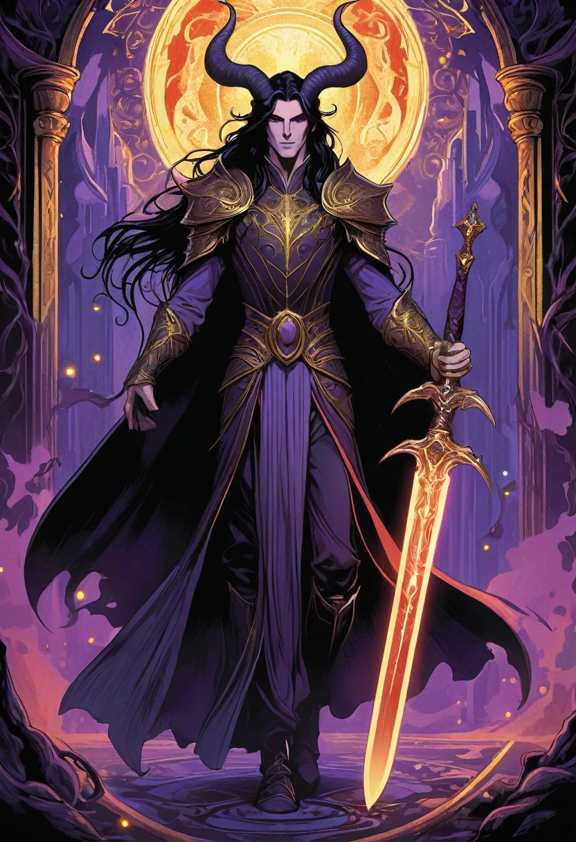 Mystical border, tall handsome slender man with long black hair, he has very small brown devil horns, his skin is light red, he has golden eyes, he is a dark mysterious warrior, he is holding a glowing purple sword, he is smiling while holding magical energy in his other hand, background of darkness and eldritch fires, good anatomy, dynamic pose, good proportions, modern style, vector, highly detailed, intricate, masterpiece, realistic, professional, Dark Fantasy, d&d, (centered), (well framed), vector-art, gradient color, detailed, realistic, professional art masterpiece, (Art Nouveau), Illustration by Alphonse Mucha, (vector-art:1.1) Negative prompt