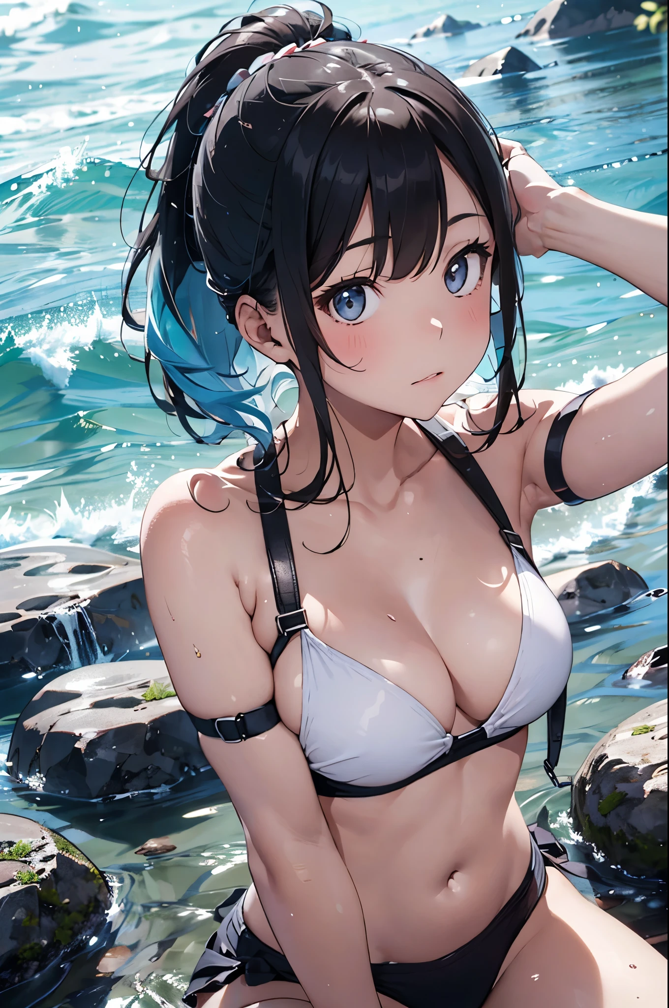 High resolution,topless、
One beautiful young woman,Light blue hair、ponytail、
(Soft Saturation:1.3), (Fair skin:1.2),
(ultra-Detailed Background, Detailed Background), Bokeh,
break&#39;Portrait of a smiling girl.,
When viewed from the front, The composition is symmetrical,
Looking straight at you with serious eyes,
break Swimwear, White Bikini, Center of chest, 
Outdoor, Sea surface, null, sunlight,Summer beach, Sandy Beach,
Strong light, Front lighting, 
(Teen:1.3), (Cowboy Shot:1.2),
Front brake angle,
View your viewers,
Dynamic pose,
sitting on the beach

Seaweed、Seaweed、Seaweed、Seaweed、Seaweed、Seaweed、Seaweed、