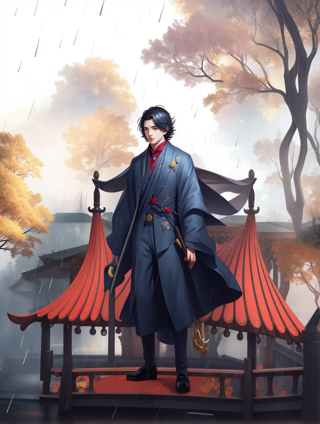Man with umbrella，Surreal art style，Rainy Sky Bridge