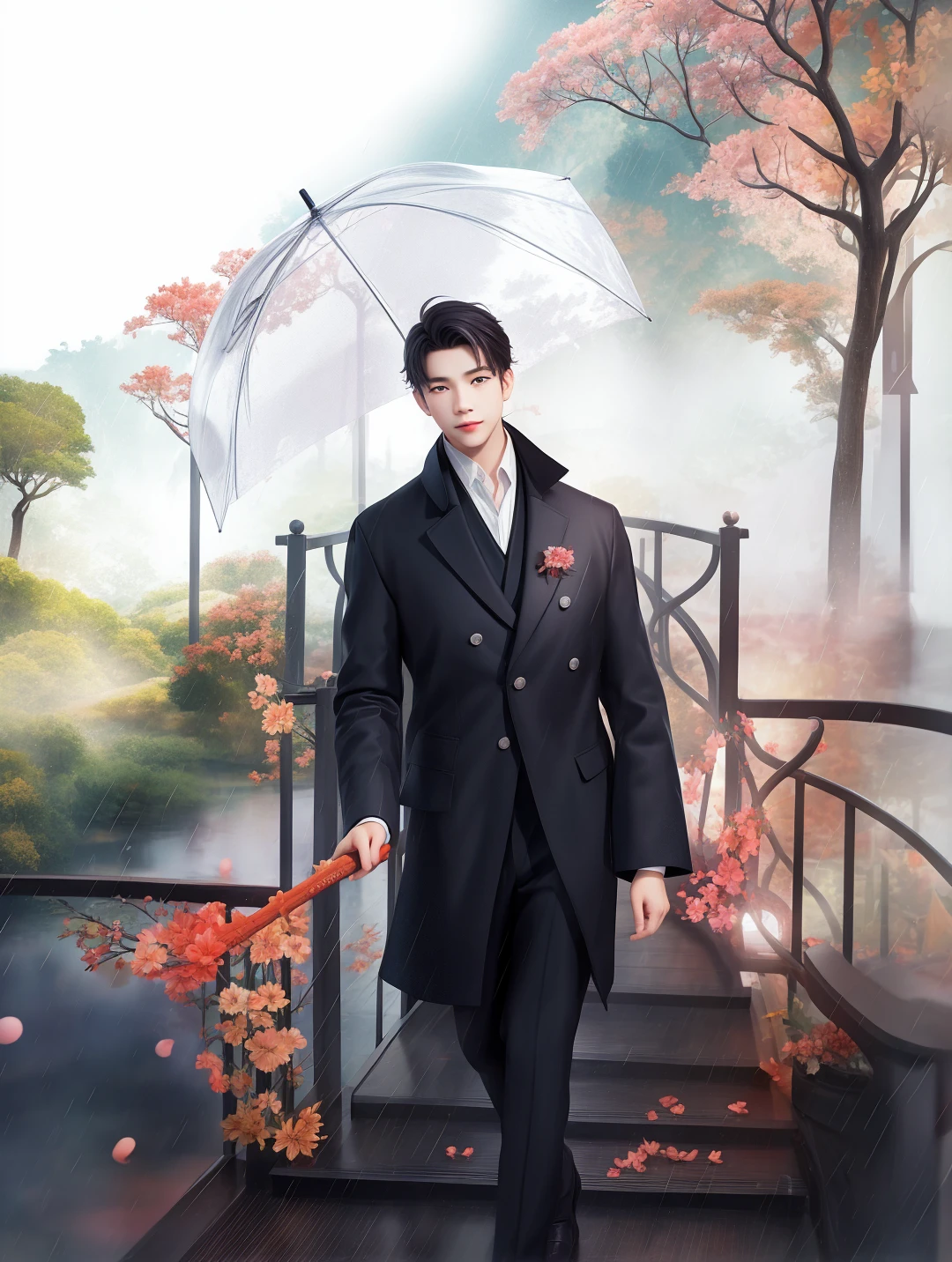 Man with umbrella,Surreal art style,Rainy Sky Bridge