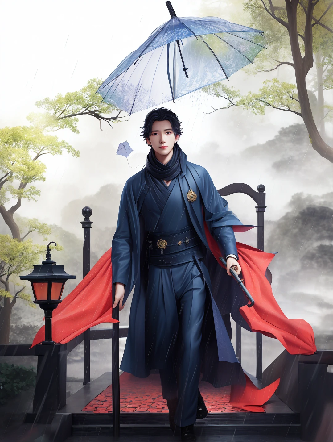 Man with umbrella,Surreal art style,Rainy Sky Bridge