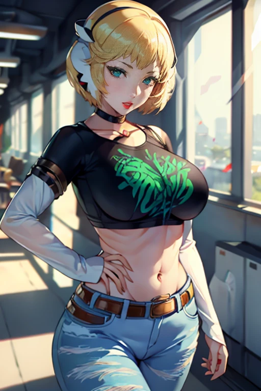 fioramechon, 1girl, solo, black t-shirt, white shirt, blue jeans, belt, lipstick, large breasts, layered sleeves, green eyes, blonde hair