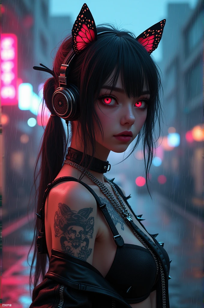 nude, chromatic aberration, Written boundary depth, Soft lighting, masterpiece, Highest quality, Complex, Tone Map, Very detailed, Art Station, Concept Art, Smooth, Sharp focus, Dramatic lighting, Very detailed artwork, Cinematic, hyper Realistic painting, Art Stationでトレンド, 8k, Incredible Shadows, Realistic, (Very detailed background:1.0), A Very detailed portrait of a solo 1girl standing on a street corner, During a rainstorm with thunder and cloudy skies, neon and cyberpunk background, she is wearing punk clothes with silver chains and silver spikes, She has butterfly-wing hair clips in her messy hair.., She is wearing headphones and a tie, , Clear pupils、Glowing red eyes, Ominous aura halo, smile, punk, cyberpunk, Backlight, Face Tattoos:1.3, (tattoo on 顔:1.5), Ghost Makeup, Zombie Makeup:1.2,Neon yellow light in the background