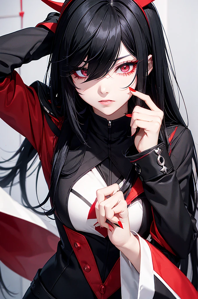 Black Hair、Long bangs、Red Mesh、One-eyed、Dark Eyes、phantom thief joker、Crossdresser、Shortcuts、Long eyelashes、cute、cool、No exposure、neutral、beautiful
