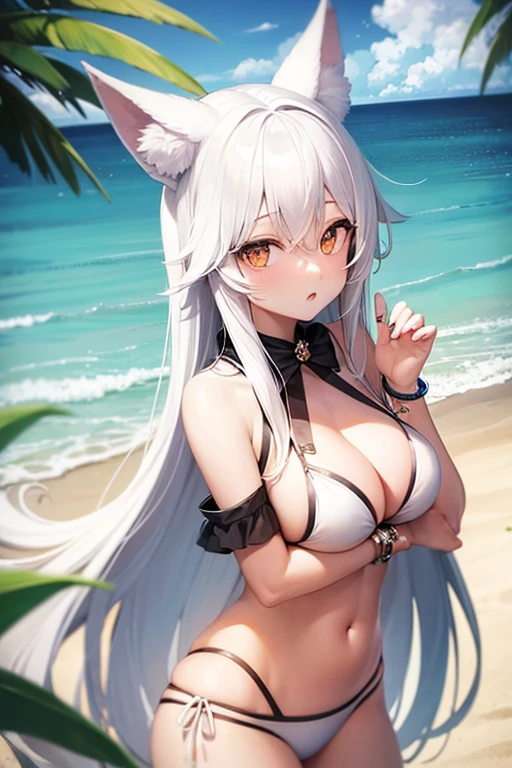 Girl,White long hair,Wolf ears,Beach,Bikini
