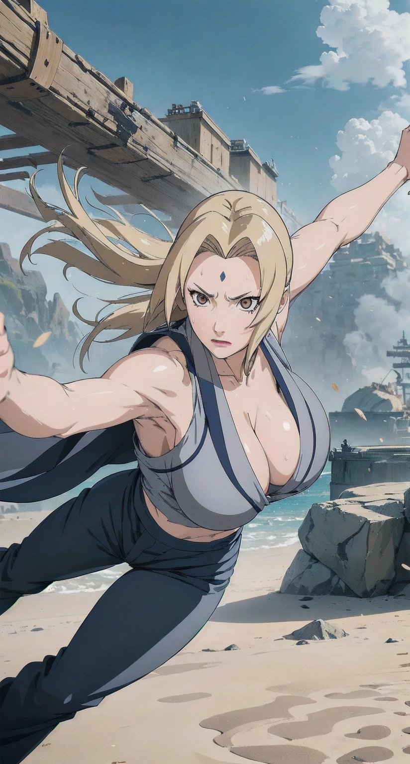 (masterpiece, highest quality:1.2), alone, One Girl, Tsunade Defense, Forehead mark, View your audience、((Battle Scenes、Fighting Pose、Sweat、sand smoke、Rocky area、wood、Navy blue pants、No sleeve、Torn clothes、Large areola、chest))、Beautiful girl with beautiful details, Professional photography illumination, Highly detailed eyes and face, Beautiful eyes in every detail、Beautiful detailed hair, Beautiful and exquisite cold face、アニメ、((No sleeve、Three-quarter length navy blue trousers、Armpit))