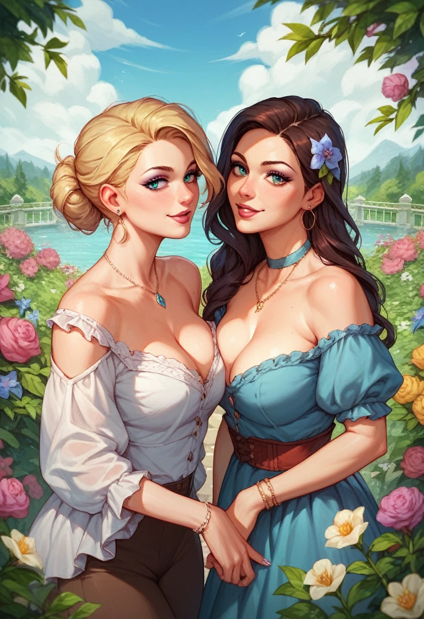 Two adult women fun garden flowers lingere flirty private propetery winter