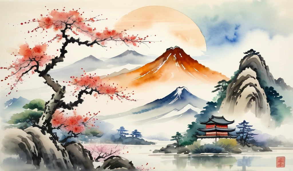 painting of a landscape with a tree and a mountain in the background, japanese watercolor, japanese style painting, traditional chinese watercolor, chinese watercolor style,