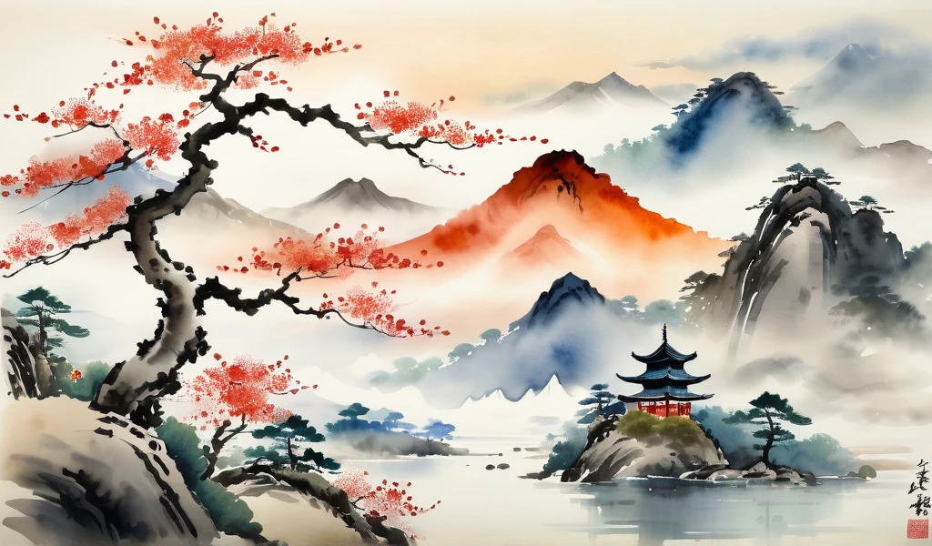 painting of a landscape with a tree and a mountain in the background, japanese watercolor, japanese style painting, traditional chinese watercolor, chinese watercolor style,