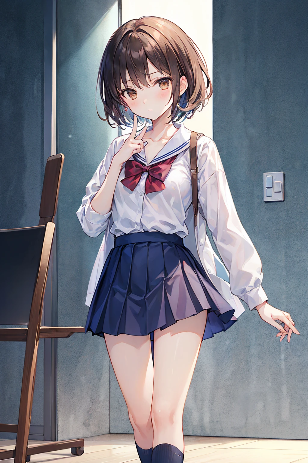 masterpiece, Highest quality, superior_Mikoto, Brown eyes, short_hair, small_chest, Looking at the audience, solo, Closed_mouth, first round_shirt, School_uniform, shirts, white_shirt, , Crude room、whole body、mini skirt、 オープンshirt, Bra very,Complete limbs、Full Finger、Slender beauty、small乳,平たいchest,((Highest quality)), (Very detailed), (High-definition CG synthesis 8k wallpaper), 高いly detailed, 高い-definition raw colbor photos, Professional photography, Written boundary depth,