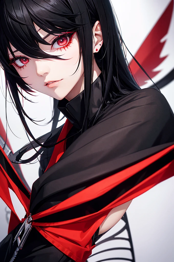 Black Hair、Long bangs、Red Mesh、One-eyed、Dark Eyes、phantom thief joker、Crossdresser、Shortcuts、Long eyelashes、cute、cool、No exposure、neutral
