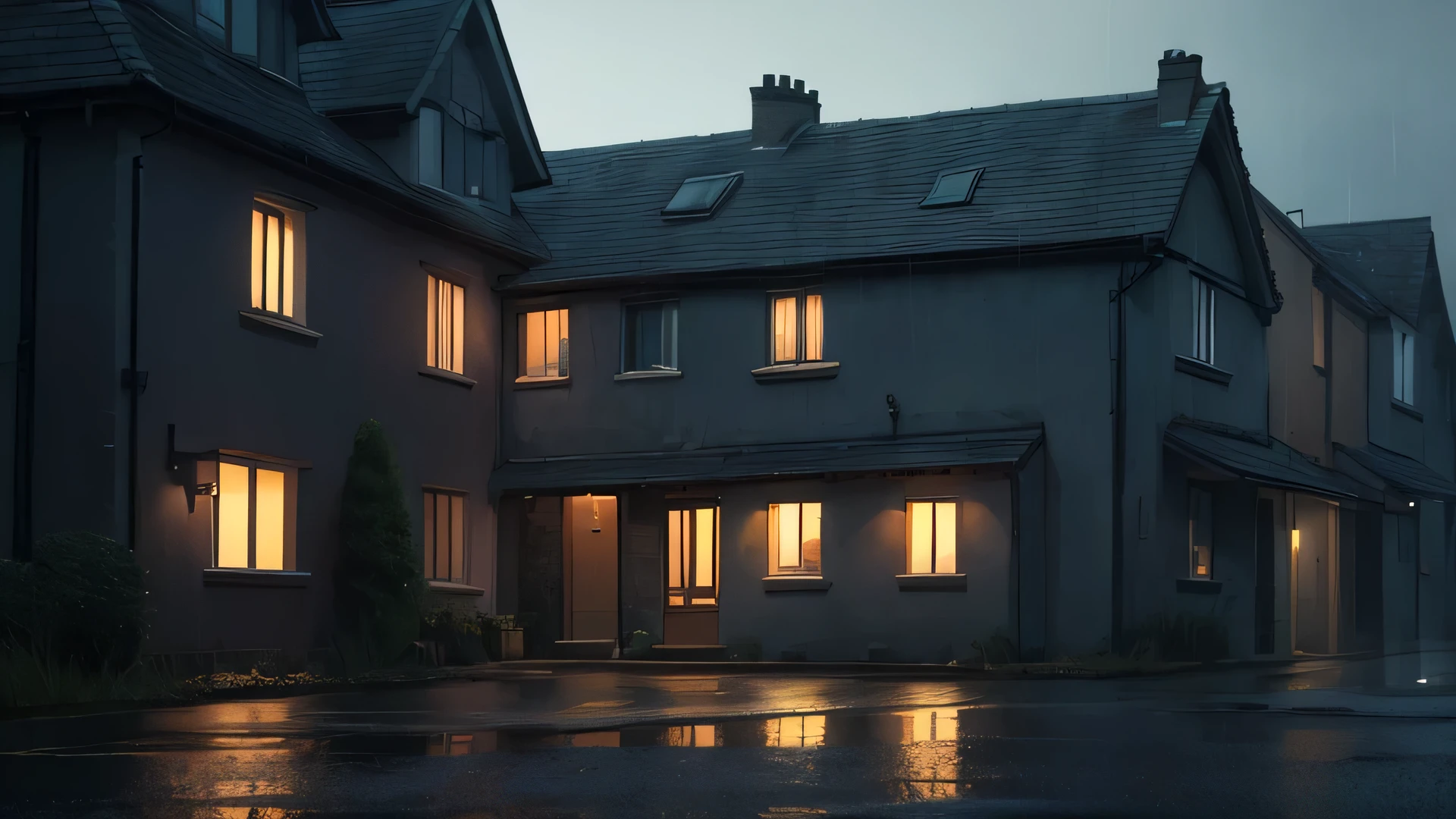 outside a house in the UK, no humans or cars. The setting has a raining and wet depressing atmosphere, with soft lighting casting a gentle glow on the surroundings. anime style