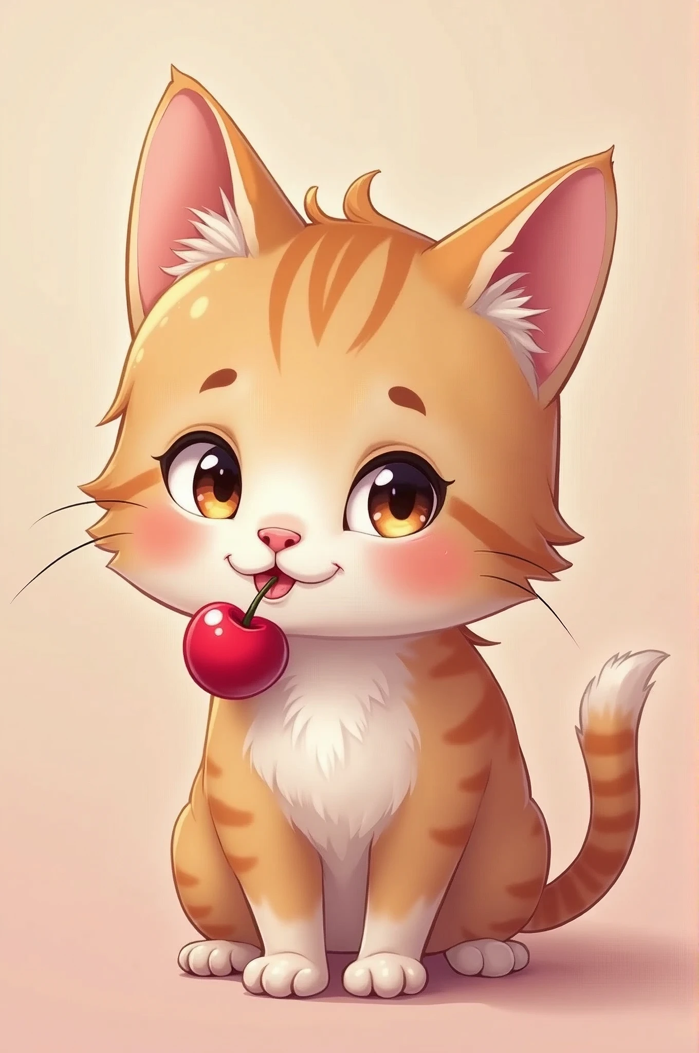 a cute vector of a kitten with cherry, anime-style, M Jenni-Stil, digital Illustration, Close to perfection, muito detalhado, smooth, keen focus, Illustration, 4K resolution
