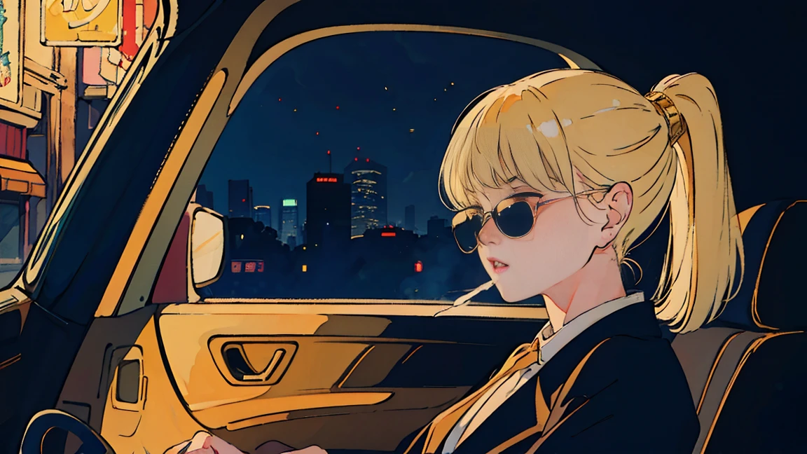beauty girl with gold hair riding in car at night, through window, perfect face, sunglasses, smoking white tailor-made cigarette, neo-, (after backlight correction: 1.1), hard shadow, masterpiece, top quality, , model shoot style, vintage, film grain, perfect details,city pop,ponytail