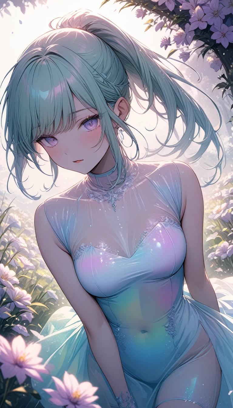 (High Resolution, Tabletop:1.2), Ultra Detailed, Portrait, Slime Girl, 18 years old, Covered in Blue Slime, of Light Blue Slime, (Partly Transparent), (Wet), (Blue Sweat), Blue liquid is dripping from her body. Her hair is also covered in blue slime. Blue slime is splattered all over, Blue Hair, Bangs, Long Hair, Blue Eyes, Big Breasts, Slender, Aroused, Lewd, Vulgar, Smiling, (((((Rain, Hydrangea Street, Forest Background, Nature))))), Cinematic Lighting, Cinematic Angle, Angle from Below, (((((Cowboy Shot))))), Sailor Suit