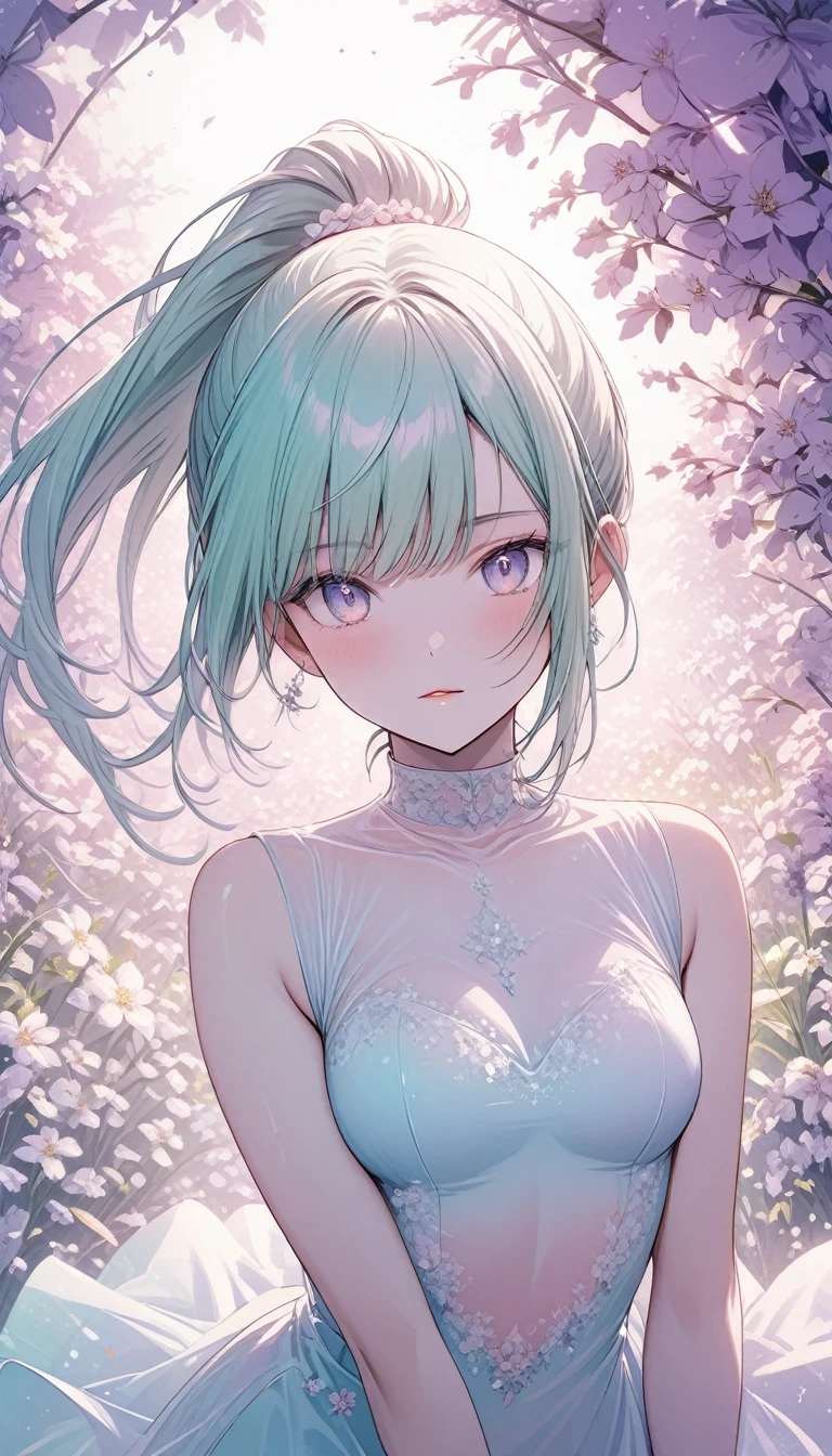 (Bright and fantastic atmosphere,See-through fashion,Calm colors),Very charming fairy girl,Beautiful pastel colored straight ponytail,Sexy expression,Healthy Skin,A one-piece dress with a silhouette that accentuates the bust,A flower field where flowers bloom regardless of the season,