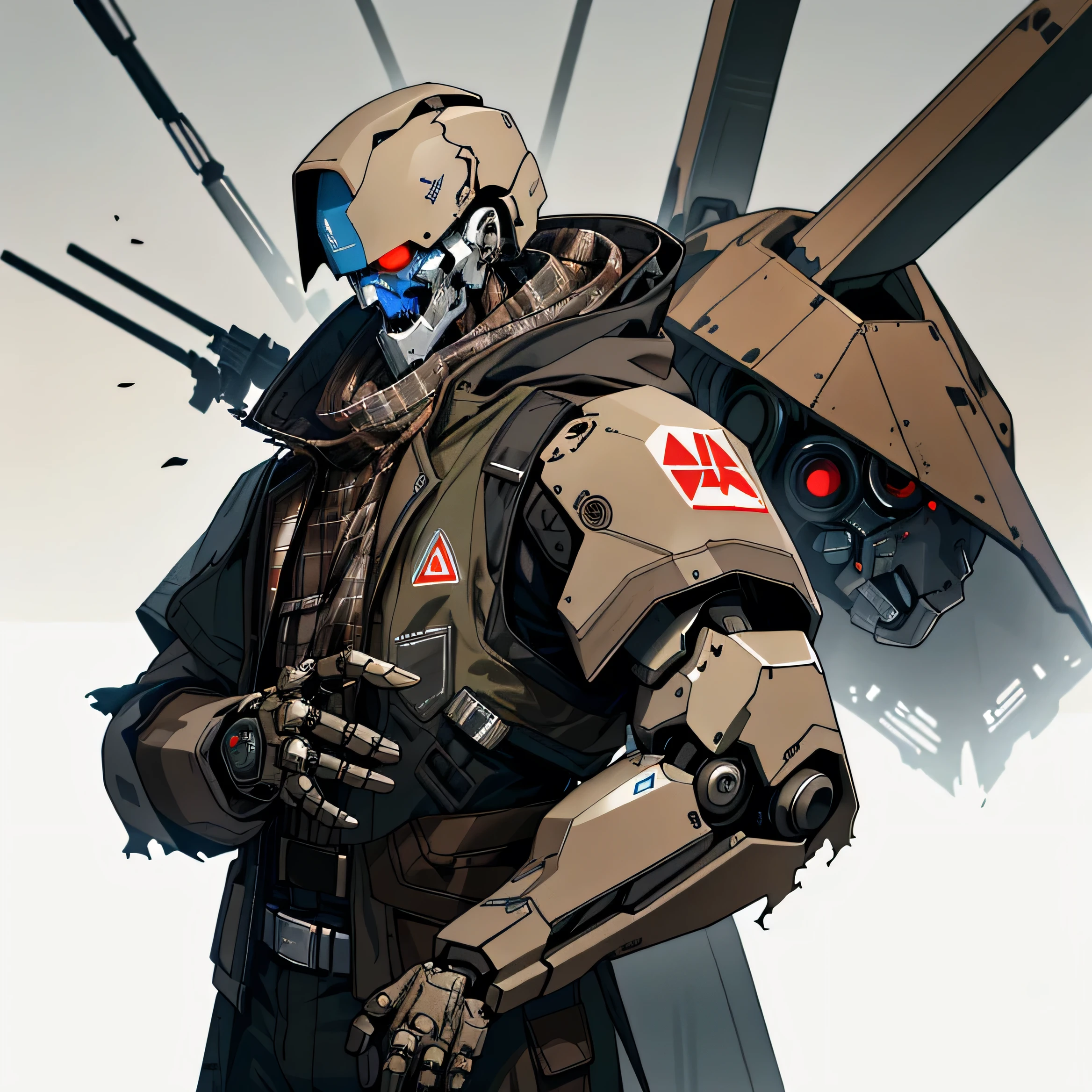 (humanoid head 1.5), With front and back view, Bust of a humanoid mech,({His outfit is a coat with a huge hood in the color of brown, old, torn and pierced 1.5}), ({His head has a humanoid shape, like a robot human face}), in gray color, head with two lenses, wearing a brown-colored plaid fabric coat and aged and torn, wearing a fabric hood. With transparent background, no bottom. apocalypse, Dirty with dust. (just a humanoid face like an Exo from Destiny 1.5), ({all his bodywork is tangled, worn and with bullet dent mark 1.5})