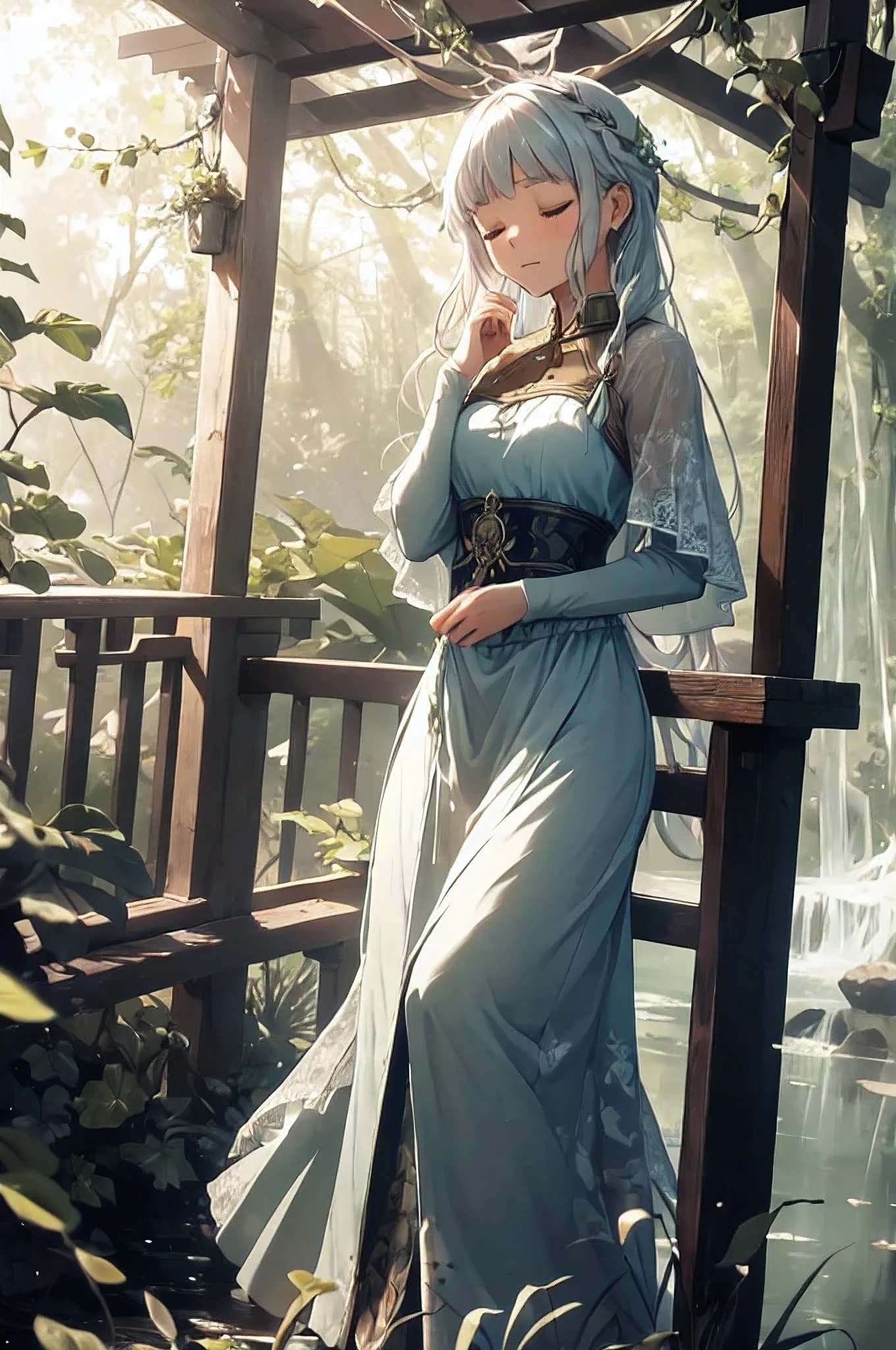 A serene and enchanting scene set in a lush forest. The image captures a beautiful young woman sitting gracefully on a wooden swing, suspended by sturdy ropes entwined with delicate vines and leaves. The swing hangs from a large tree, whose branches are slightly out of frame, adding a sense of timelessness and nature's embrace.The woman has a serene expression, her eyes gently closed as if she is lost in thought or enjoying a peaceful moment in nature. Her long, wavy hair cascades down her shoulders, catching the soft, golden light that filters through the dense foliage above. She is wearing a flowing, white lace dress with thin straps, which adds to the ethereal and almost mystical feel of the scene. The dress gently moves with the breeze, giving a sense of lightness and tranquility.The background is a blurred mix of green hues, suggesting a deep forest bathed in warm, natural light. The lighting in the image is soft and diffused, creating a dreamy atmosphere that enhances the overall feeling of calm and connection with nature.This image evokes themes of peace, solitude, and the beauty of nature. It could be used to inspire artwork, storytelling, or even fashion photography that seeks to capture the essence of natural beauty and tranquility.