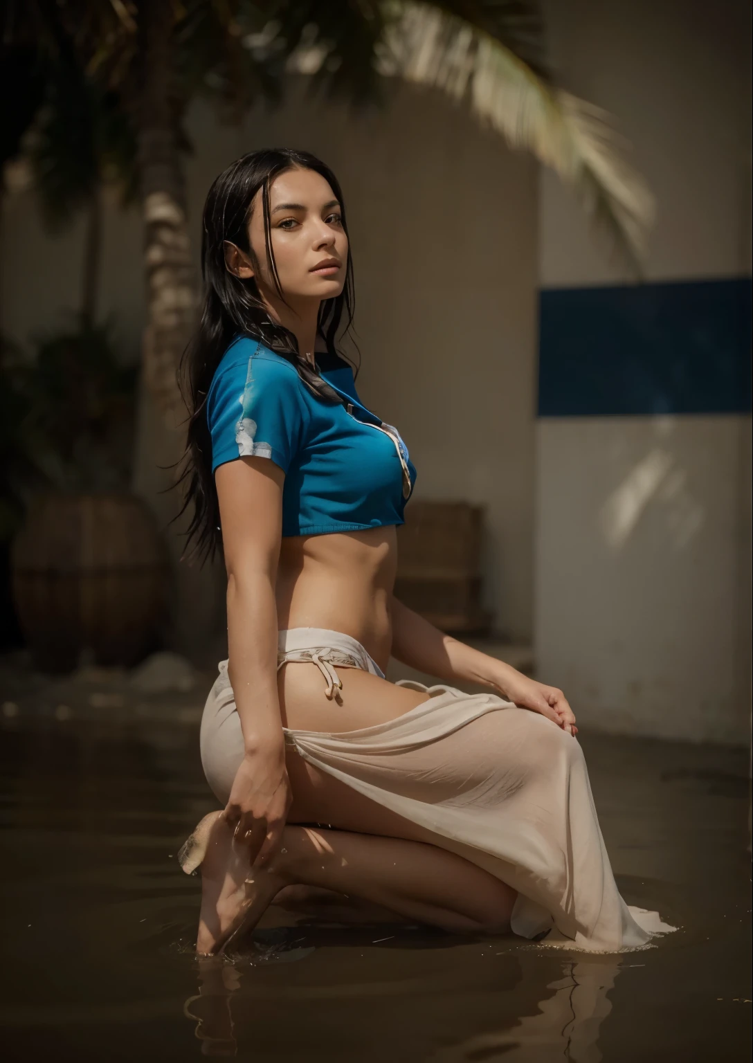 (Best quality, 8k, 32k, Masterpiece, UHD:1.2) "Transform the current setting into a serene beach scene, with soft, golden sand stretching out to meet the gentle waves of a sparkling blue ocean. The sky should be clear, with the warm sun casting a soft glow over everything. In the foreground, Nico Robin from 'One Piece' lays gracefully at the sands and water, her signature calm and composed expression evident. She is wearing her casual summer outfit, possibly a swimsuit or beach attire, with her long dark hair flowing gently in the breeze. Surround her with a few tropical elements like palm trees, seashells, and perhaps a Straw Hat Pirates' jolly roger flag fluttering in the background. The overall atmosphere should be peaceful and relaxing, capturing Robin's love for exploration and the ocean."