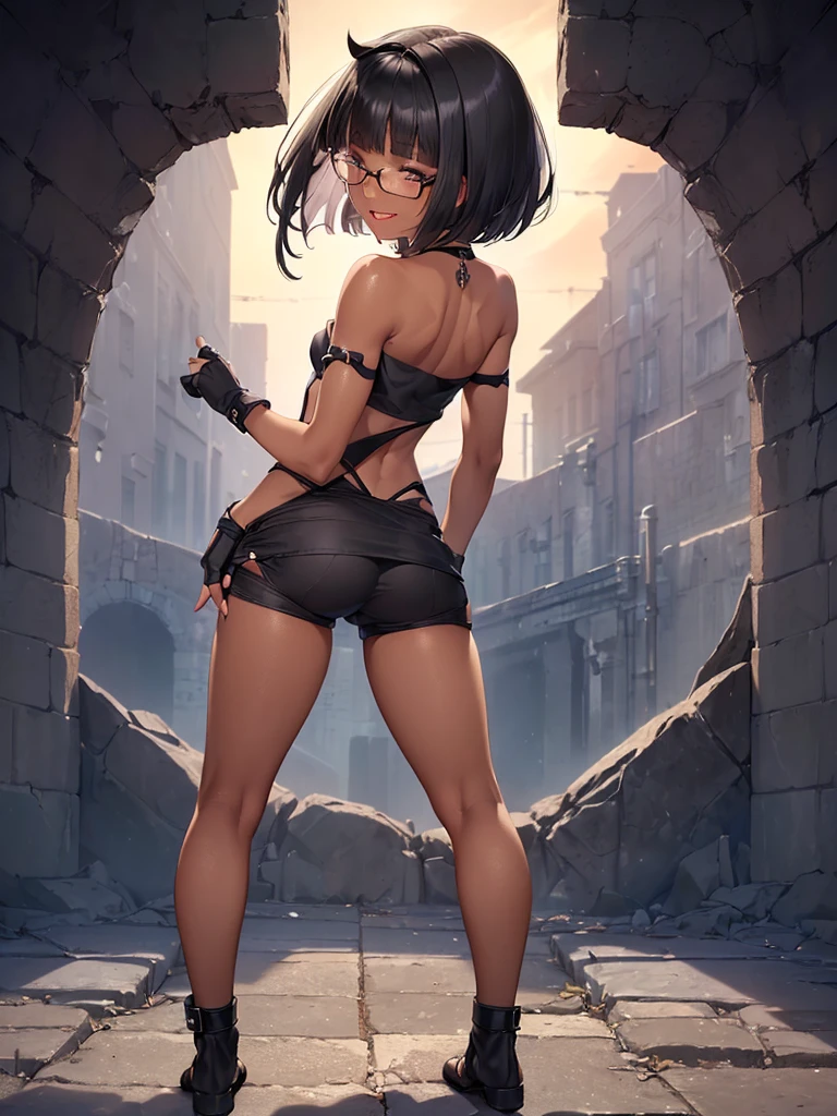 (from behind:1.5),(flat chest:1.4), (masterpiece:1.2), highest quality, High resolution, unity 8k wallpaper, (fine and beautiful eyes:1.6), highly detailed face, perfect lighting, Detailed CG, (perfect hands, perfect anatomy:1.3), (1 female:1.4), (20 years old female:1.4),( black hair:1.3), extremely beautiful detailfeminine face and eyes, (evil smile:1.3), detailed eyes, best quality,( dark skin:1.8), extremely detailed, very precise detailed,(glasses:1.3), (blunt bangs:1.3), open mouth, (very short hair:1.4),(fingerless gloves:1.5), (half closed eyes:1.5),(strapless tube top:1.4),bike shorts,(full_body:1.3), navel,tongue_out, (looking_at_viewer:1.3), wide hips,(leaning_forward:1.4),