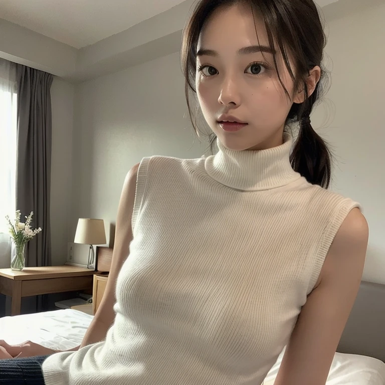 One girl、Japanese、Skinny athletic model、Flat Chest、Single Mother、Mature Woman、Wearing a white turtleneck sleeveless sweater、Wearing a grey mile at me、The whole body is shown and you can see the thighs.、In your room at home、