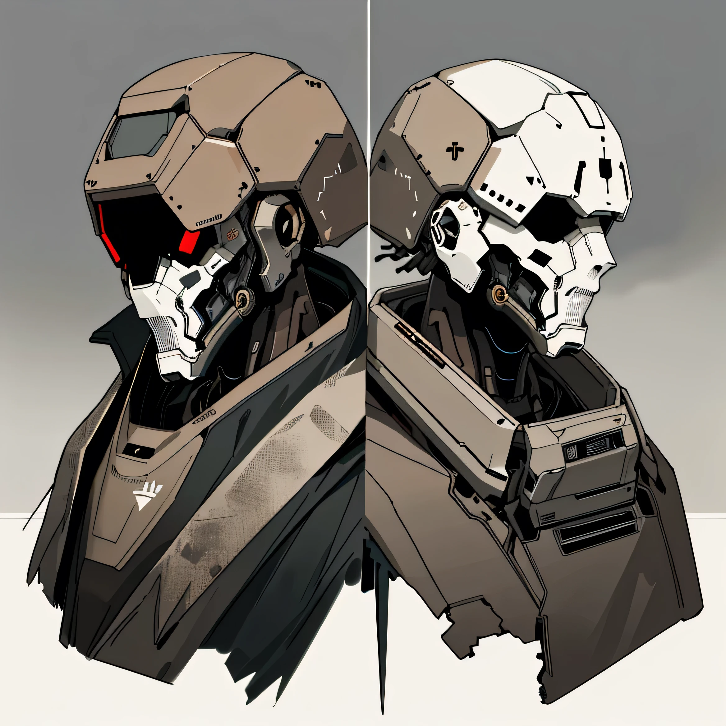 (humanoid head 1.5), With front and back view, Bust of a humanoid mech,({His outfit is a coat with a huge hood in the color of brown, old, torn and pierced 1.5}), ({His head has a humanoid shape, like a robot human face}),  in gray color, head with two lenses, wearing a brown-colored plaid fabric coat and aged and torn, wearing a fabric hood. With transparent background, no bottom. apocalypse, Dirty with dust. (just a humanoid face like an Exo from Destiny 1.5), ({all his bodywork is tangled, worn and with bullet dent mark 1.5})