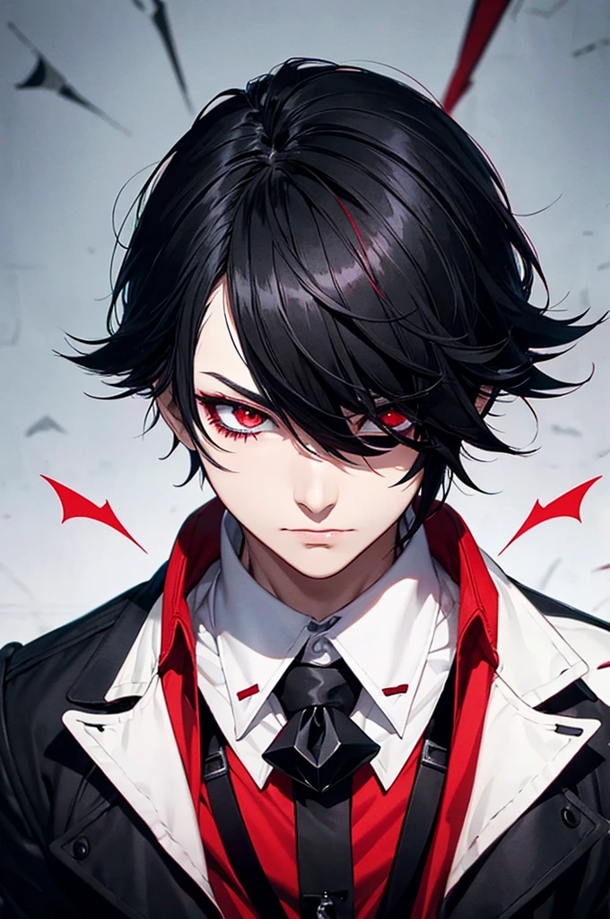 Black Hair、Long bangs、Red Mesh、One-eyed、Dark Eyes、phantom thief joker、boy、Shortcuts、Long eyelashes、cute、cool、No exposure、neutral