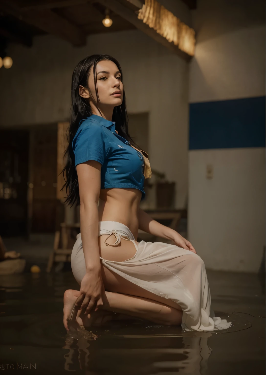 (Best quality, 8k, 32k, Masterpiece, UHD:1.2) "Transform the current setting into a serene beach scene, with soft, golden sand stretching out to meet the gentle waves of a sparkling blue ocean. The sky should be clear, with the warm sun casting a soft glow over everything. In the foreground, Nico Robin from 'One Piece' lays gracefully at the sands and water, her signature calm and composed expression evident. She is wearing her casual summer outfit, possibly a swimsuit or beach attire, with her long dark hair flowing gently in the breeze. Surround her with a few tropical elements like palm trees, seashells, and perhaps a Straw Hat Pirates' jolly roger flag fluttering in the background. The overall atmosphere should be peaceful and relaxing, capturing Robin's love for exploration and the ocean."