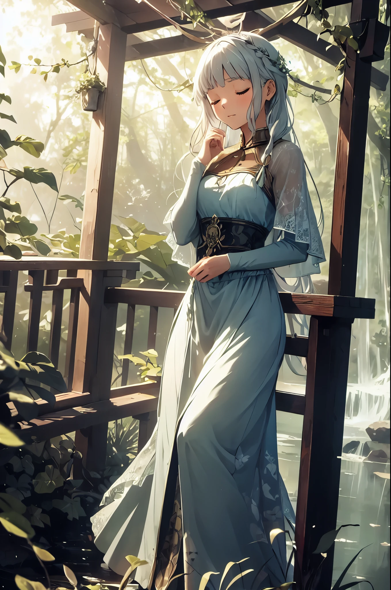 A serene and enchanting scene set in a lush forest. The image captures a beautiful young woman sitting gracefully on a wooden swing, suspended by sturdy ropes entwined with delicate vines and leaves. The swing hangs from a large tree, whose branches are slightly out of frame, adding a sense of timelessness and nature's embrace.The woman has a serene expression, her eyes gently closed as if she is lost in thought or enjoying a peaceful moment in nature. Her long, wavy hair cascades down her shoulders, catching the soft, golden light that filters through the dense foliage above. She is wearing a flowing, white lace dress with thin straps, which adds to the ethereal and almost mystical feel of the scene. The dress gently moves with the breeze, giving a sense of lightness and tranquility.The background is a blurred mix of green hues, suggesting a deep forest bathed in warm, natural light. The lighting in the image is soft and diffused, creating a dreamy atmosphere that enhances the overall feeling of calm and connection with nature.This image evokes themes of peace, solitude, and the beauty of nature. It could be used to inspire artwork, storytelling, or even fashion photography that seeks to capture the essence of natural beauty and tranquility.