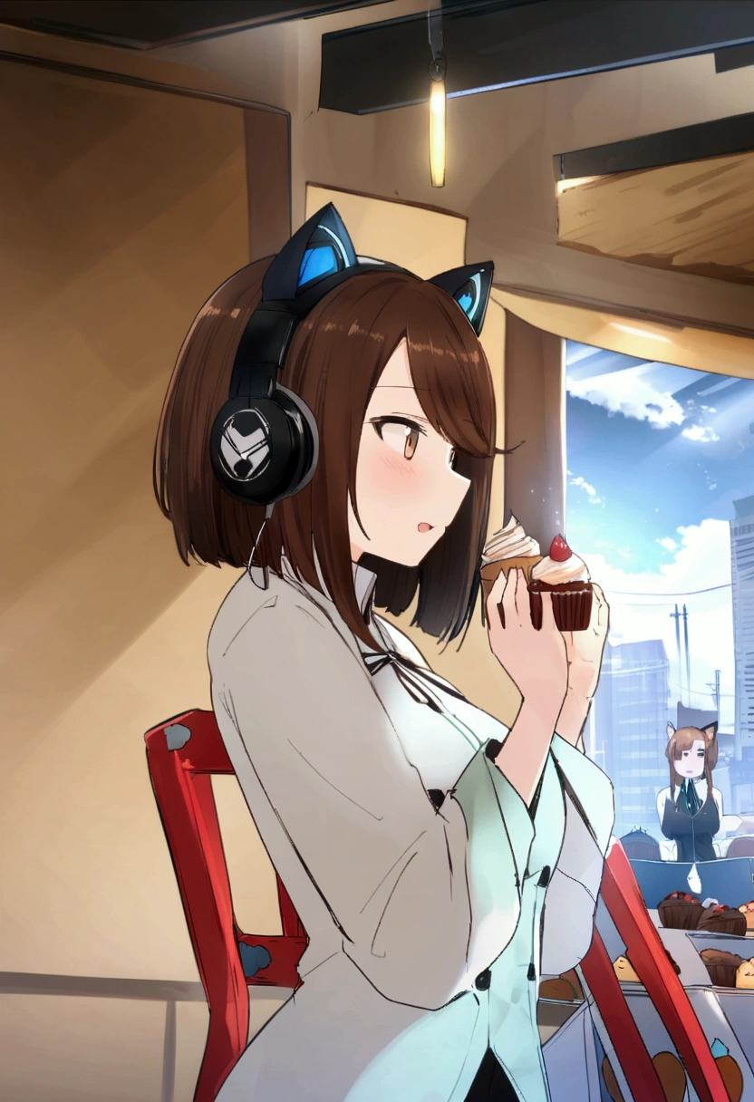 (Super meticulous),(full bodyesbian:1.2), (hair swept bangs:1.3), (long brown hair:1.3), from girls frontline, fine details. girls frontline universe, girls frontline style, girls frontline cg, yayoi kasuma, female protagonist 👀, there is a girl that is looking at a display of cupcakes, wearing cat ear headphones, girl with cat ears, anime girl with cat ears, neko, woman with cat ears, very beautiful cute catgirl, anime ears, cat ears, attractive cat girl, cat ears on her head, anime catgirl, with head phones, fake cat ears, with headphones