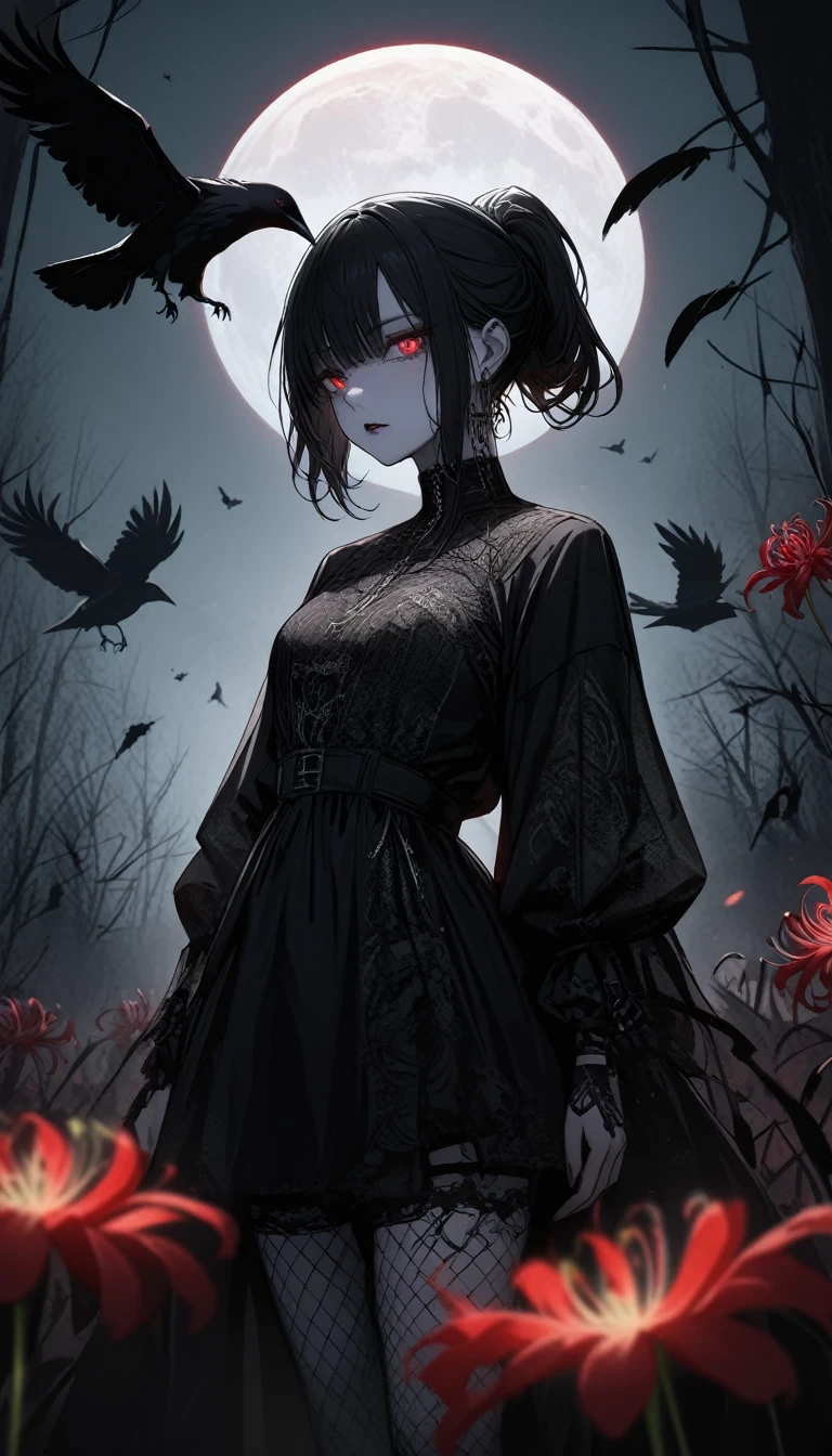 （Dark and scary atmosphere,Gothic Fashion,Dark colors）,（Highest quality，Super exquisite item）,Very sexy vampire girl,A large number of red spider lilies in full bloom on a red full moon night,Beautiful and delicate eyes,Beautiful black straight ponytail,Crow's feathers,Pale skin,Fishnet tights,A black and white lace dress with a small amount of fabric,The moonlight illuminates her silhouette,A fantastic background created by darkness and moonlight,She is a tall girl who looks like an adult.,A crow is flying,Crow's feathersが舞う,Are standing,Deep foggy forest behind,（Courtesy）,((The shadows of several hanged bodies in the forest behind)),A flock of crows swarming around a corpse,