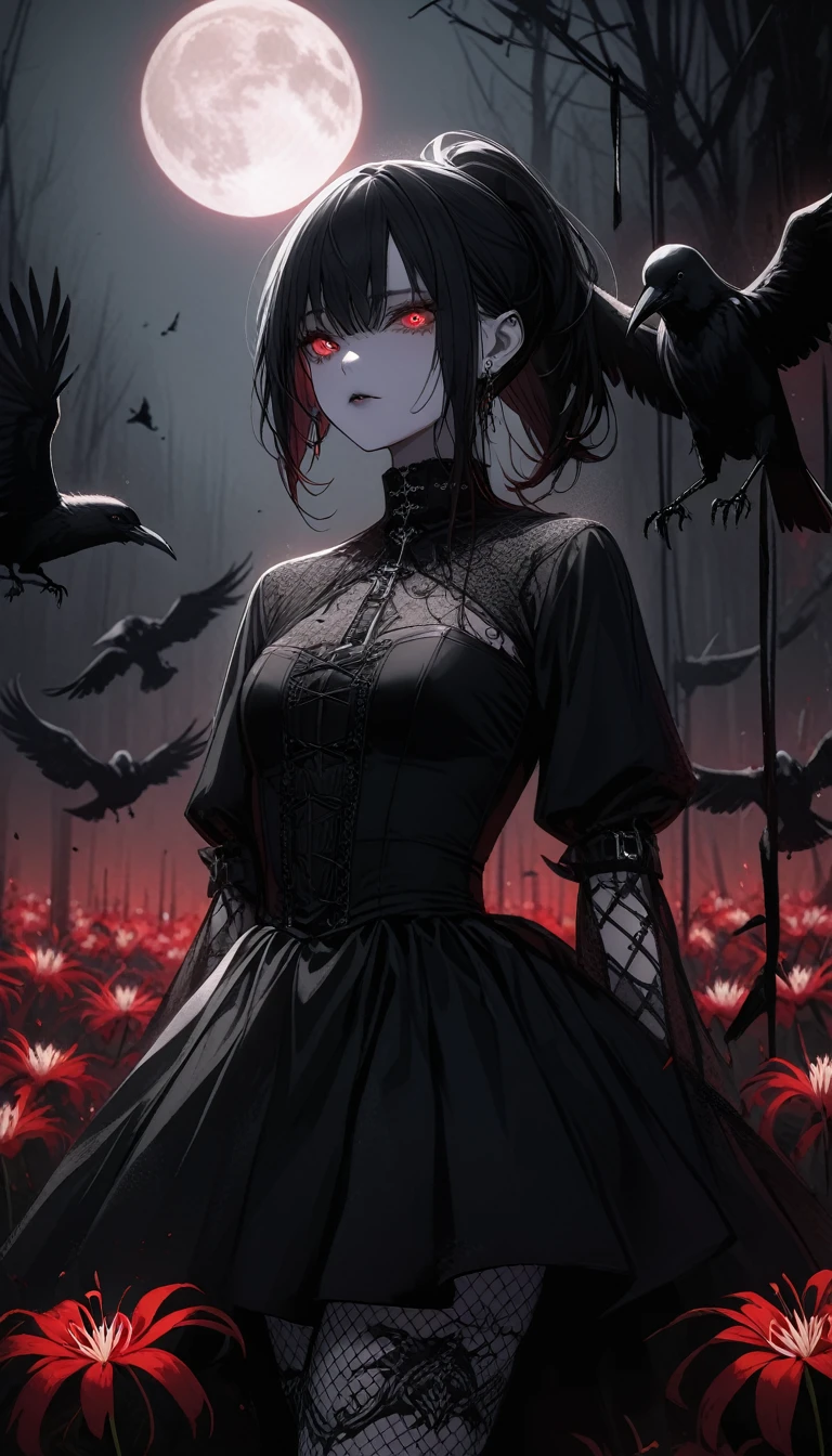 （Dark and scary atmosphere,Gothic Fashion,Dark colors）,（Highest quality，Super exquisite item）,Very sexy vampire girl,A large number of red spider lilies in full bloom on a red full moon night,Beautiful and delicate eyes,Beautiful black straight ponytail,Crow's feathers,Pale skin,Fishnet tights,A black and white lace dress with a small amount of fabric,The moonlight illuminates her silhouette,A fantastic background created by darkness and moonlight,She is a tall girl who looks like an adult.,A crow is flying,Crow's feathersが舞う,Are standing,Deep foggy forest behind,（Courtesy）,((The shadows of several hanged bodies in the forest behind)),A flock of crows swarming around a corpse,