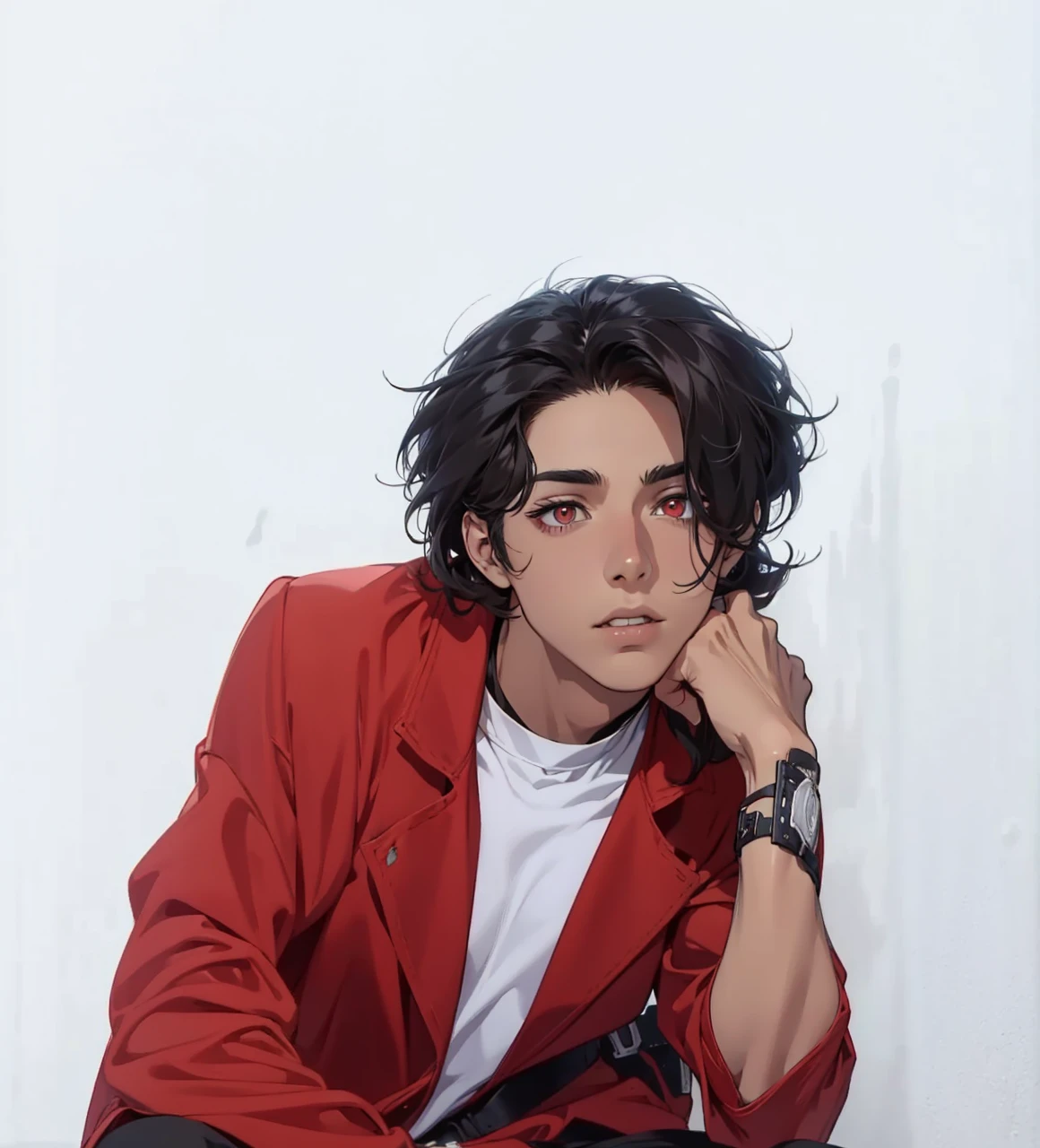 1 male, Beautiful boy, Body Length 180, 20 years old, (black short hair, Street hairstyle) , ((red eyes)), realistic eyes, beautiful and sharp eyes), Men's Clothing, Biker clothing, muscles, (8k wallpaper), (street background) 8k, Quilty Altitude, Realistic, Beautiful realism, outstanding detail, RAW photo, Realistic clothes, Black hair, realistic hair, realistic eyes, Light and cool lighting, realistic photo, Cel shaded, Gel lighting, ultra-detail, ((Street bike riding)), (In the morning)