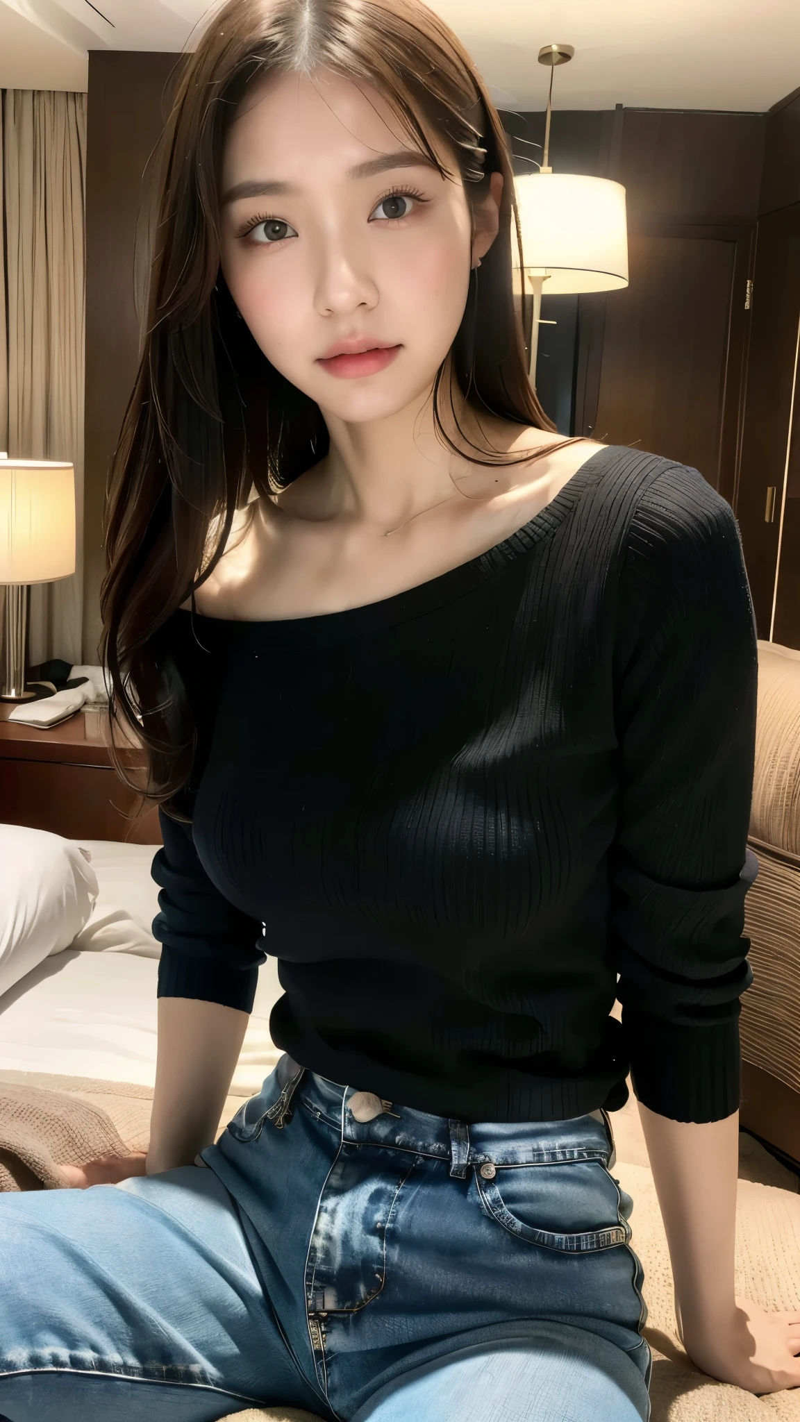 Ultra-realistic capture, Highly detailed, full_body, Skin texture must be natural, With such detail that pores can be finely identified, Skin should look healthy, (Highest quality, 8k, 32K, masterpiece, Ultra-high resolution:1.2),Beautiful Japanese one Woman, ((One Girl)),Long Black Hair,shirt,office, ((sweater clothes)) , ((black jeans)), ((in the hotel room))