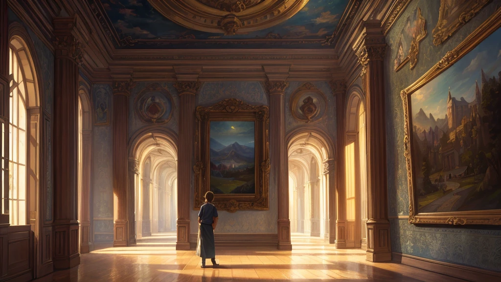 A high-resolution, clear, and detailed image of a person stepping into a world inside an old painting. The scene should vividly capture the surreal transition from reality to artwork. The surroundings should resemble a classic painting with every element appearing as if it is meticulously rendered on canvas. The person, dressed in contemporary clothing, contrasts with the timeless, painterly environment. The painting's colors should be rich and vibrant, with intricate brushstrokes and textures visible on buildings, landscapes, and objects. The lighting should reflect the style of the painting, with a soft, diffused glow mimicking the effect of traditional art. The overall atmosphere should evoke a sense of wonder and immersion in an artist's imaginative world.