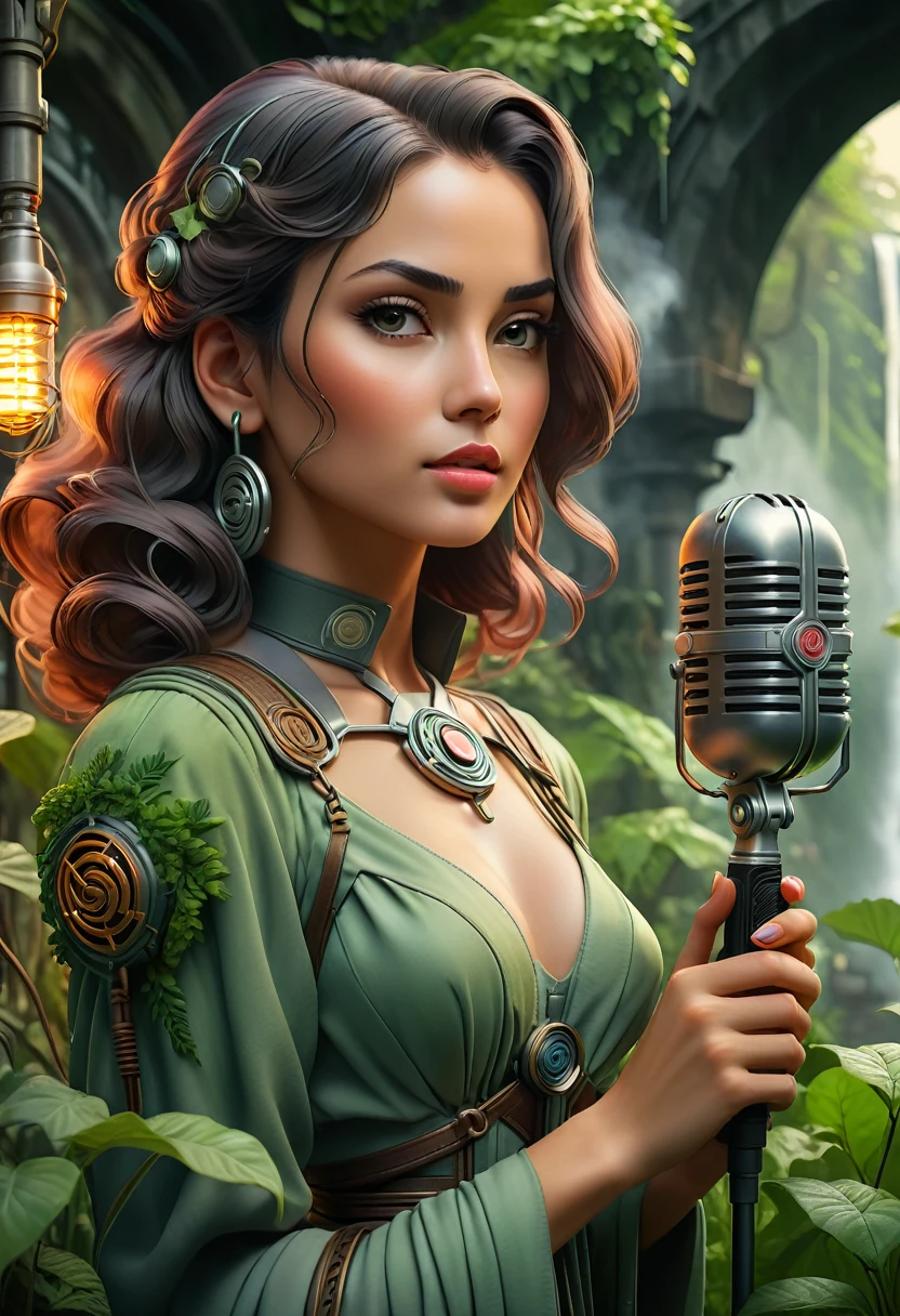 (Masterpieces with up to 16K resolution), Best Quality, (Very detailed CG Unity 16k 壁紙品質),(柔らかい色の 16K のVery detailedデジタル アート),Very detailed. | Perfect image,16k UE5,Edit Photos, Ultra-fine, Depth of written boundary, No contrast, Clean and sharp focus, Professional, No blur. | Dark Underground,Dark Cave, Dark Scene. | From the corner table and chair area of the Cafe Garden Terrace、Overlooking the vast underground gardens。, Beautiful underground waterfall, Awesome Wallpapers, Beautiful environment, Optimistic matte painting, Beautiful digital art, Cozy cafe background, beautiful and detailed scene, UHD Underground, UHD landscape,Relaxing concept art, Beautiful underground garden. | (((Learn more))).A bright and hopeful futuristic cityscape glowing with neon and brass tones. In the foreground, lit by a mix of neon lights and warm sunlight, is a powerful, realistic-looking woman holding a vintage microphone. Surrounding her is a symbol of unity and strength, like rising steam. In the background, greenery thrives among the futuristic structures, conveying hope and optimism for the future.