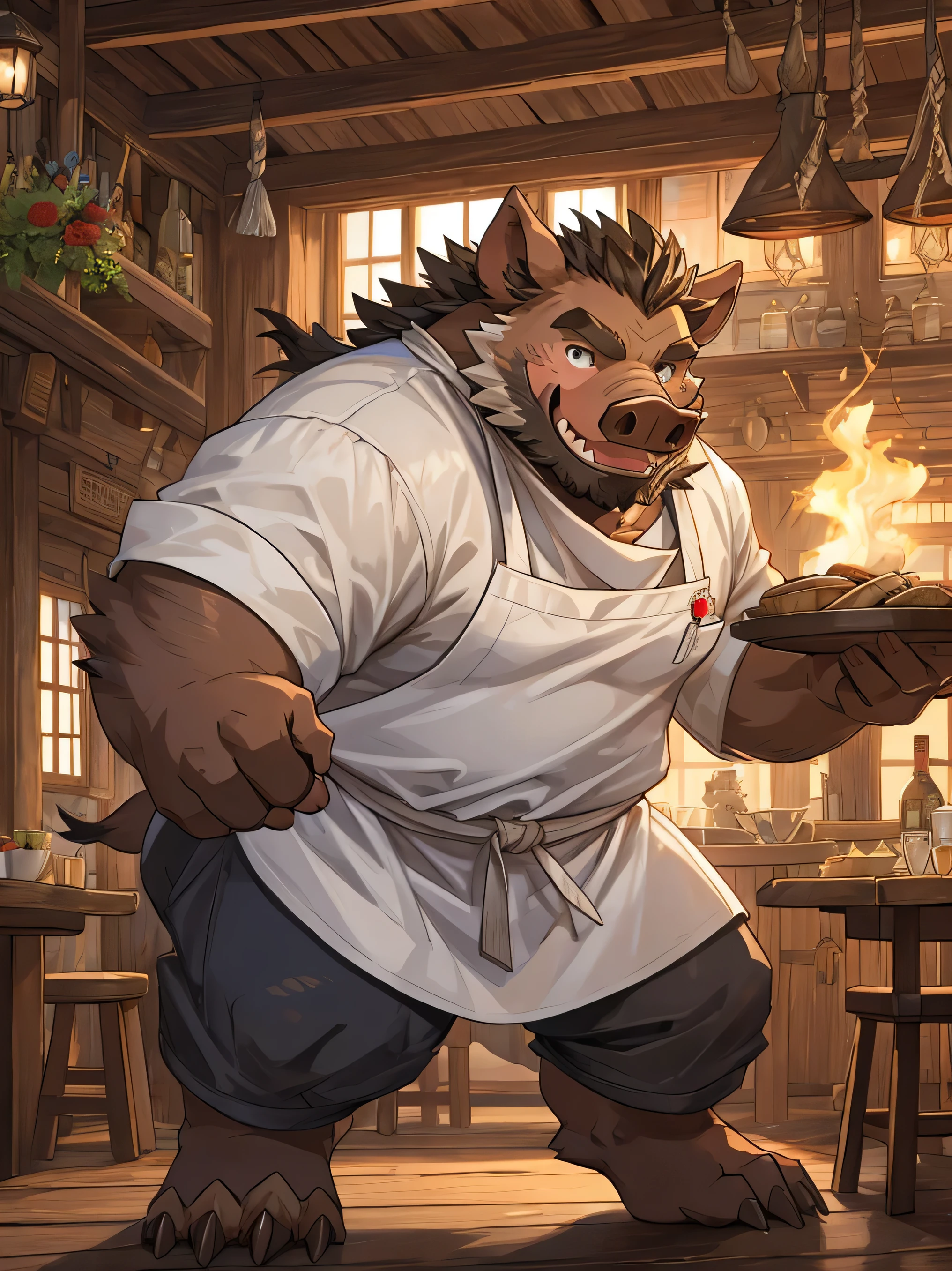 giant, Fat boar monster dressed as a chef., white gown, 1800s atmosphere, a shabby tavern, Wild boar monster face with friendly expression, warm expression, bright expression, white bandana, Face forward and strike an energetic pose.