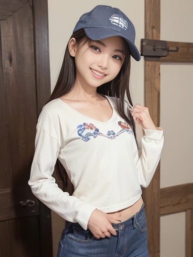 Japanese female, (underweight), (flat chest best quality:1.5), (cheerful grin:1.5),
farmstead, walking, long-sleeved t-shirt, jeans, hat, gloves, eye closeup shot