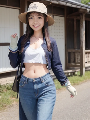 Japanese female, (underweight), (flat chest best quality:1.5), (cheerful grin:1.5),
farmstead, walking, long-sleeved t-shirt, jeans, hat, gloves, eye closeup shot
