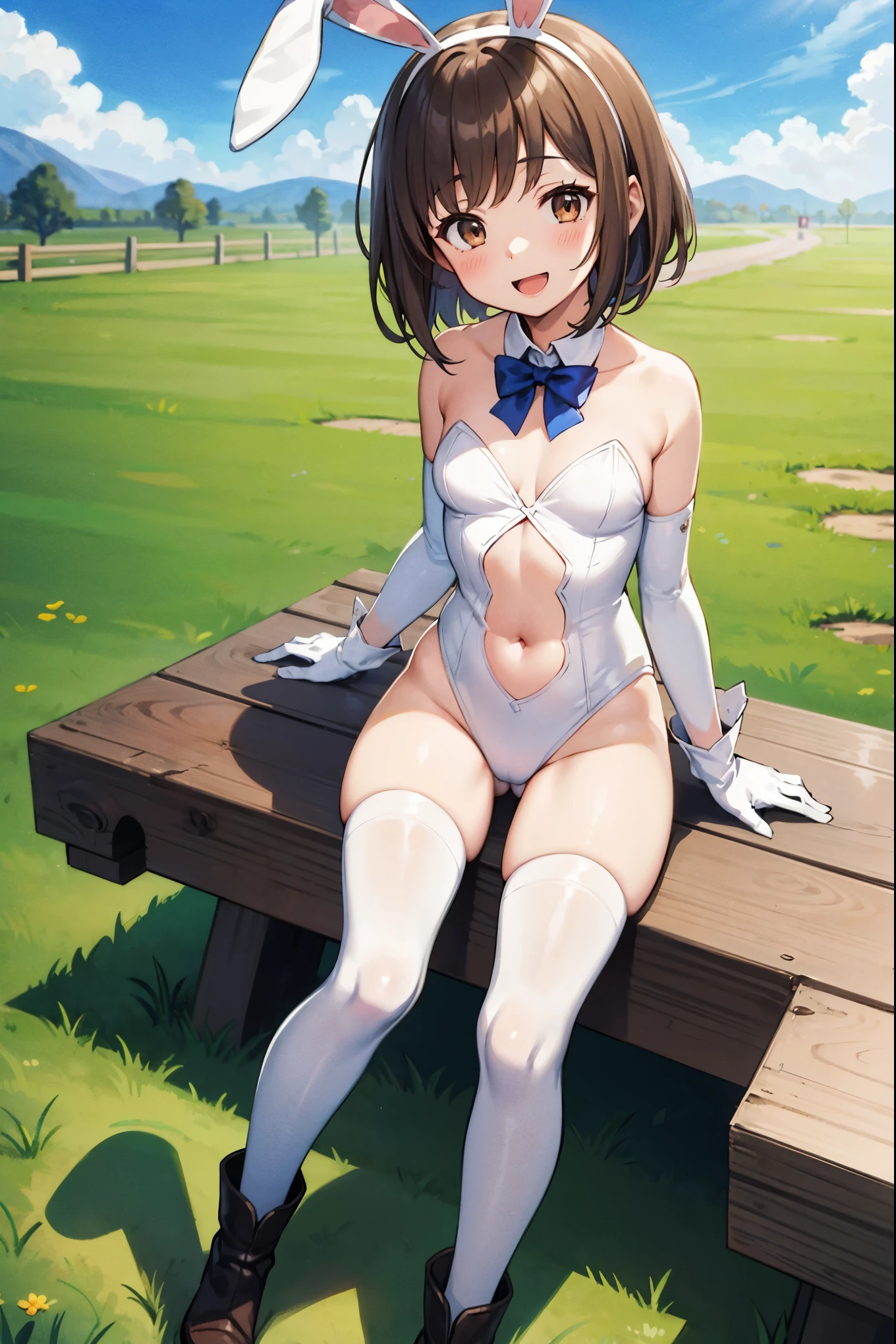 GRANBLUEfantasy,***ung_teen_ girl,brown_hair,medium_bob_hair,platina_blond_hair,white_leotard,covered_crotch,thigh-highs,smile,standing,bluesky_landscape_background,slightly_spread_legs,happiness, short_gloves ,solo, r18, navel,relicbuster,short,boots,open_mouth,sitting,knees,blush,shy,bunny_ears